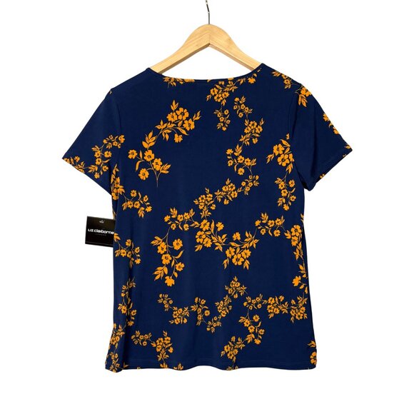Liz Claiborne Womens Navy Floral V Neck Short Sleeve Top Sz Small‎ Career Office - Picture 6 of 7